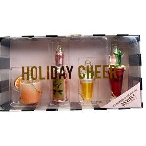 New Set of 4 Holiday Cheer Cocktails Drinks Glass Christmas Ornaments